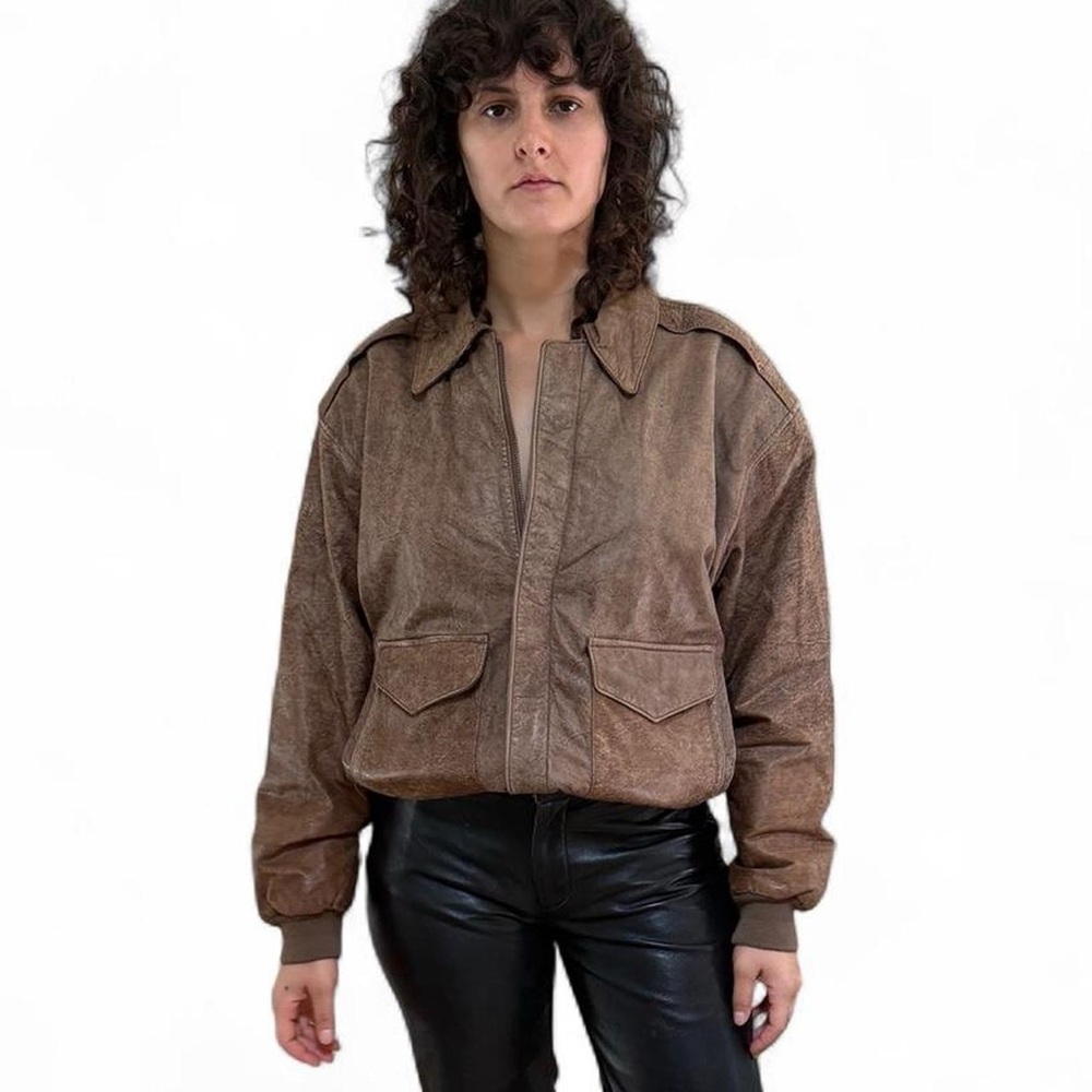 Vintage Korean brown genuine leather bomber jacket with funky map lining